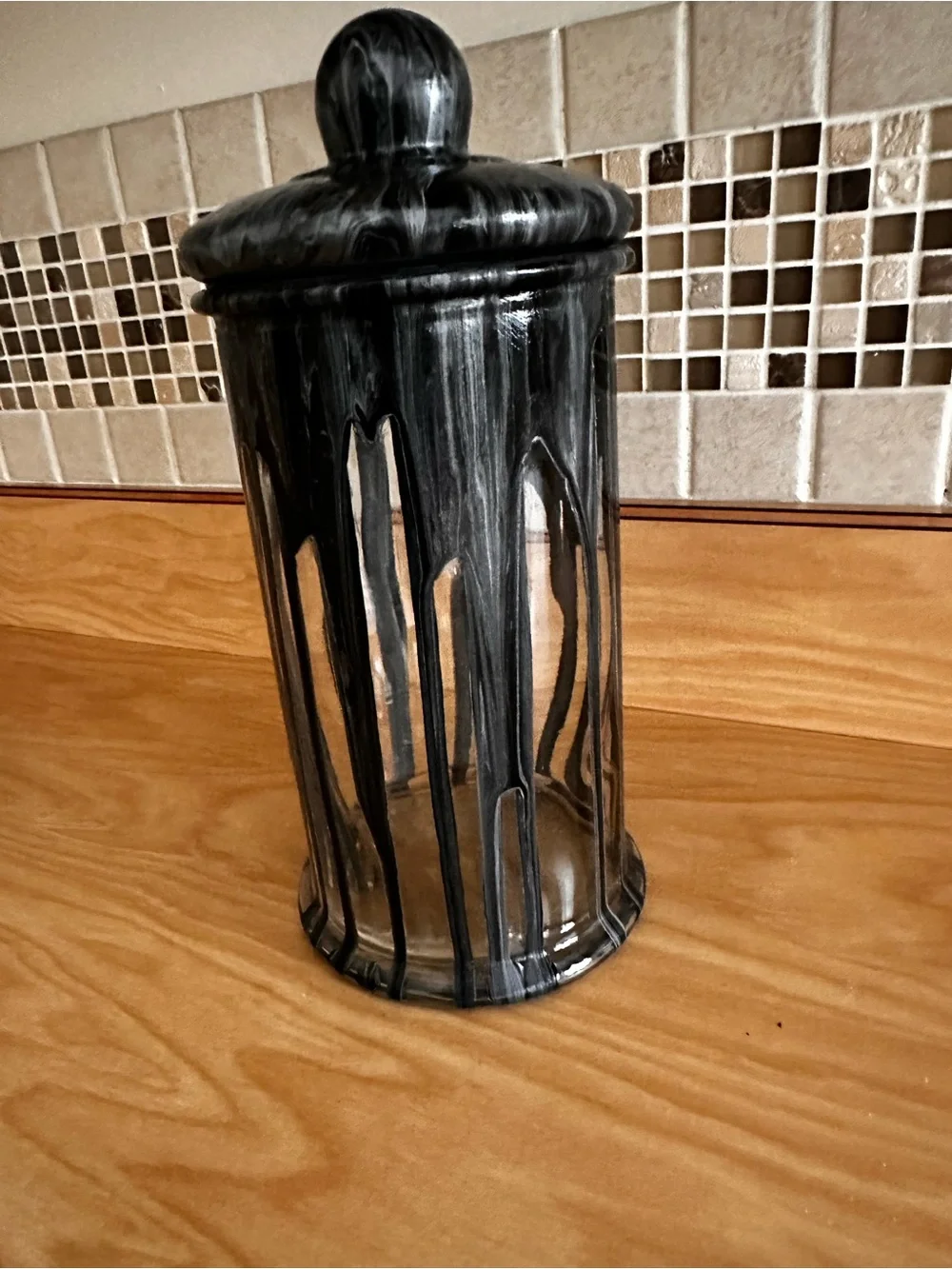 Hand crafted Black and silver Marble Effect glass Canister with Lid